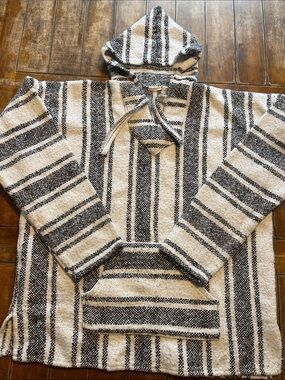Striped Hooded Baja Pullover Sweater in Black and Cream